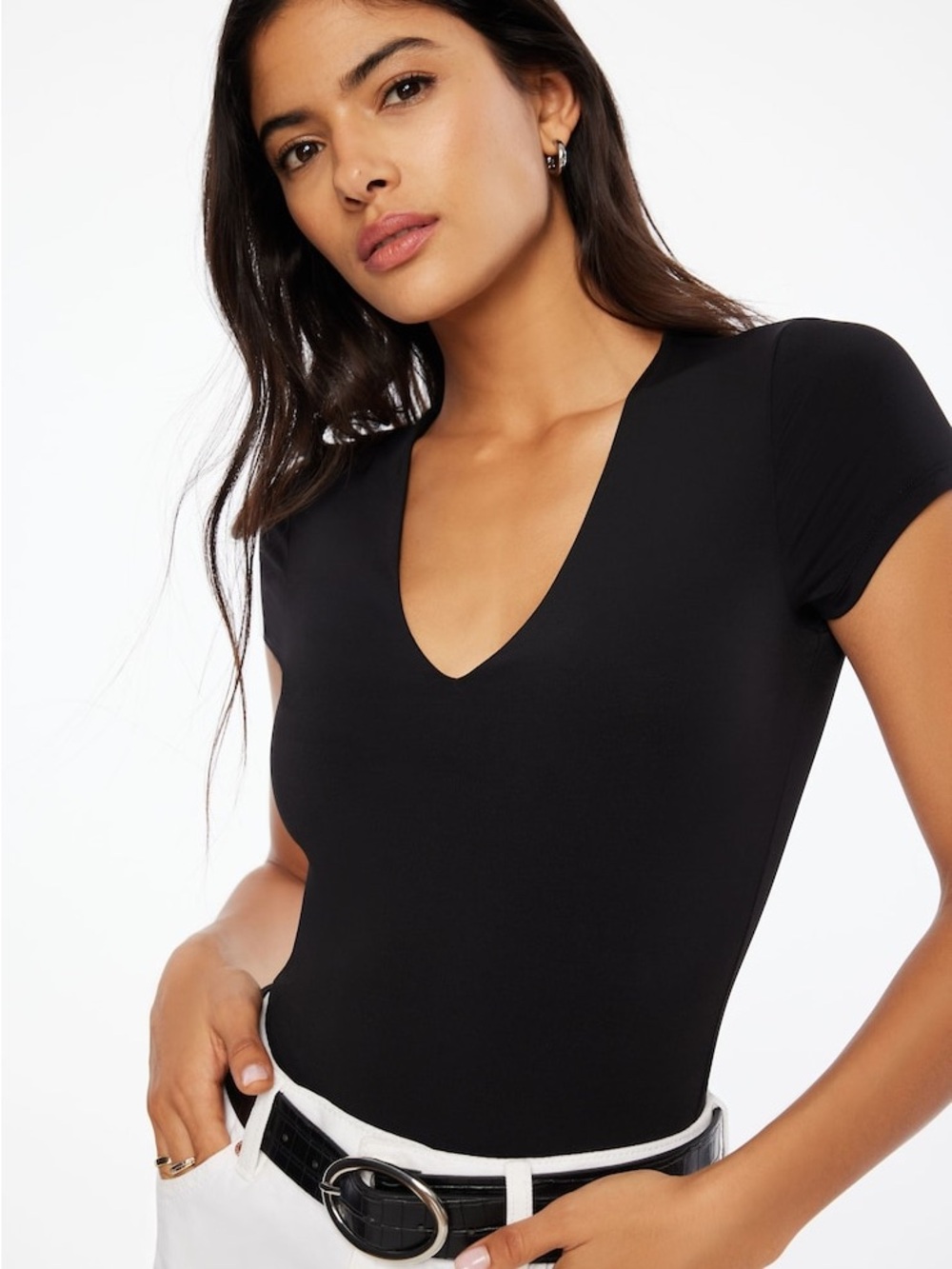 NWT - Dynamite Short Sleeve V-Neck Body Suit - Jet Black with Button Closure